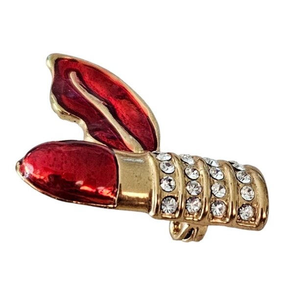 Gold Tone Clear Rhinestone Red Enamel Lipstick Lips Pin Brooch L185 - Picture 2 of 7